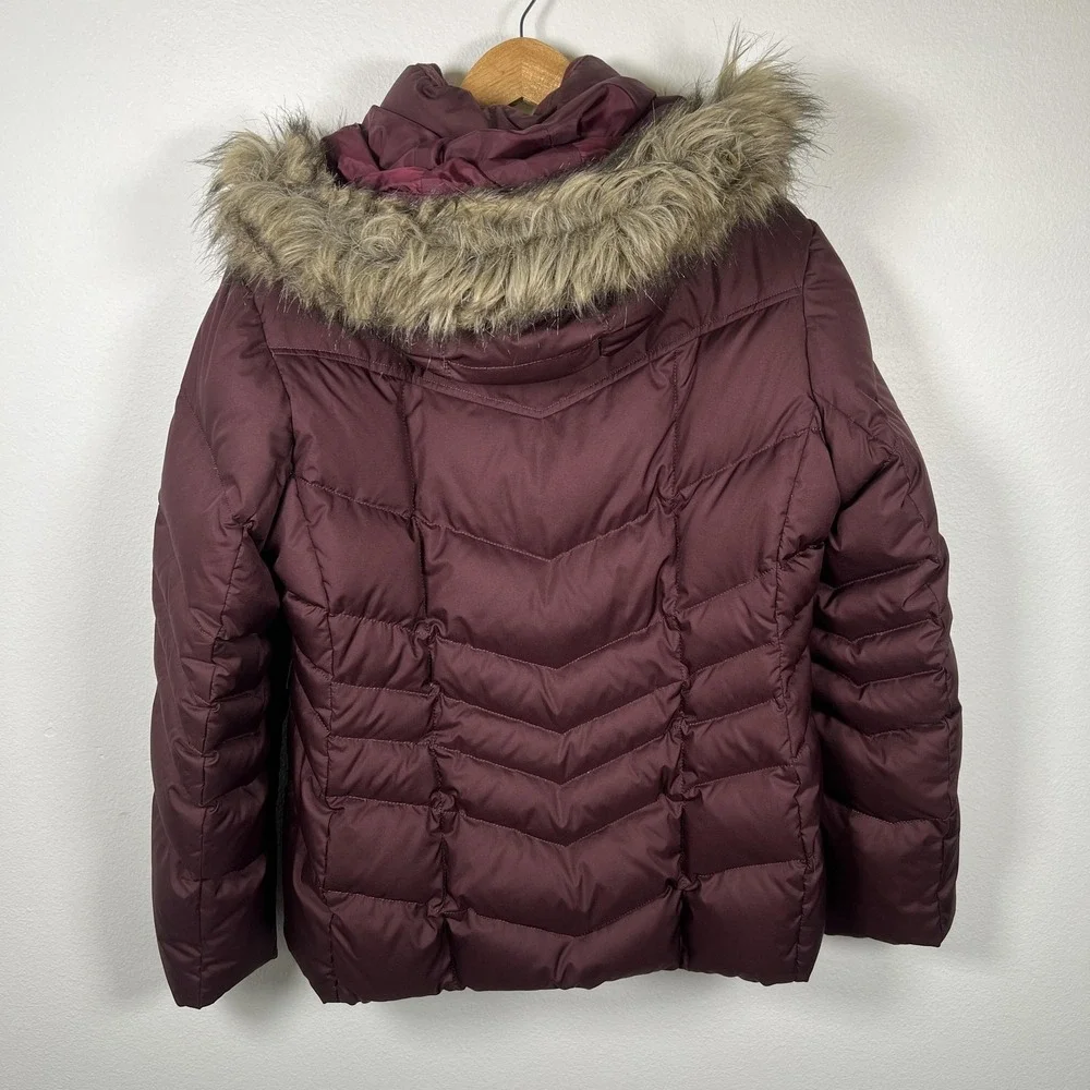 Lands End Youth Girls Down Puffer Jacket Sz L Maroon Fur Trim Hood Zip Pockets